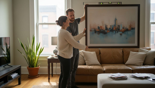 Couple installing digital wall art in living room