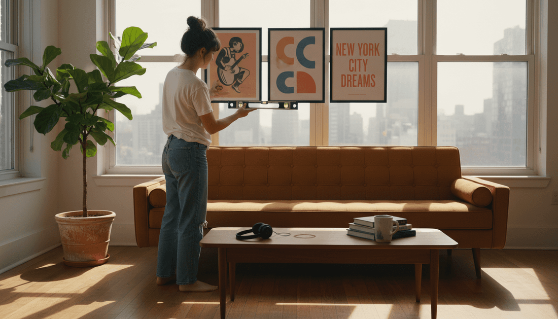 Woman arranging posters above living room sofa