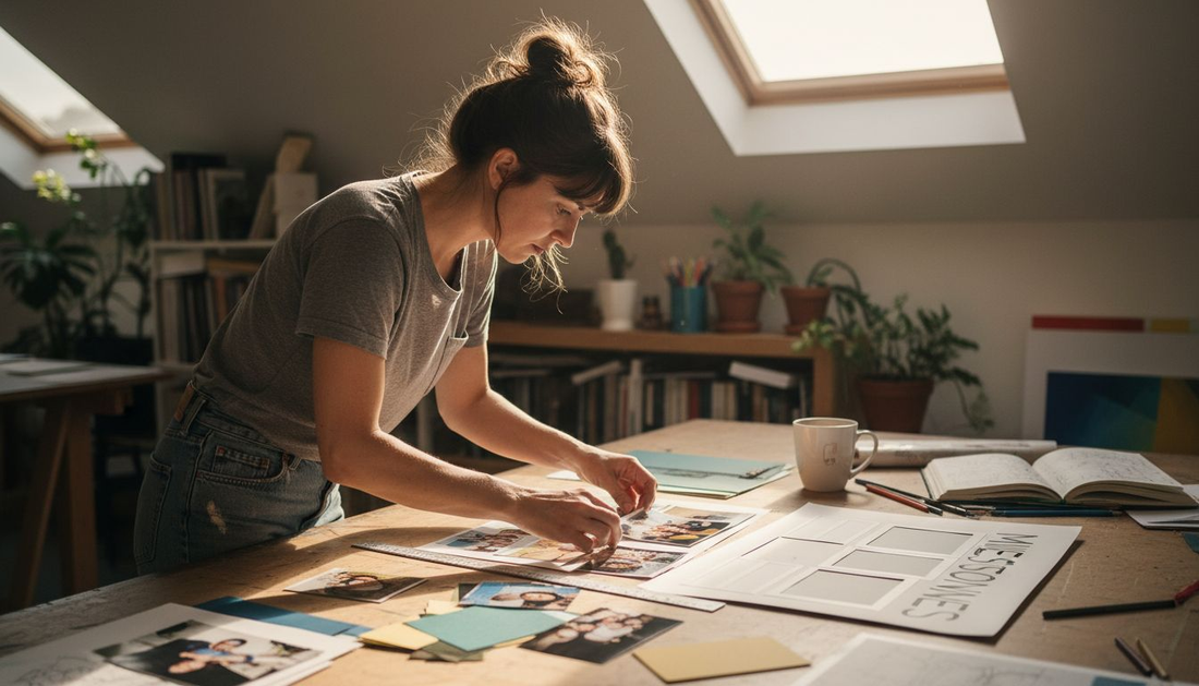 Designer arranging milestone wall art materials