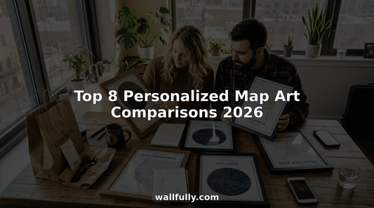 Couple comparing framed personalized map art prints