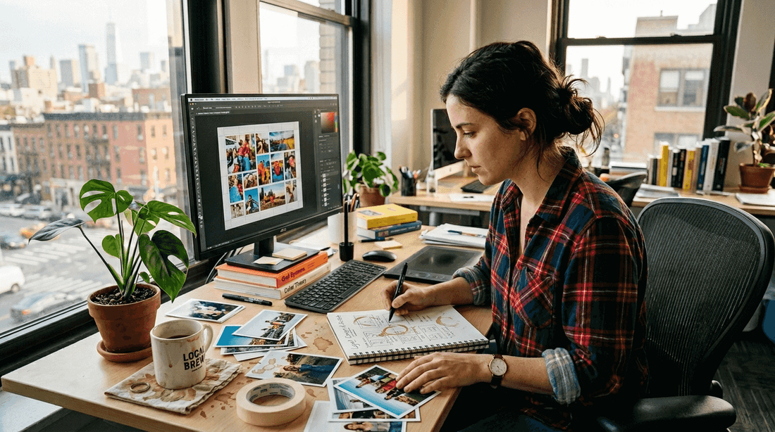 Designer arranging photos for a collage