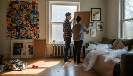 Couple arranging photo collage on wall