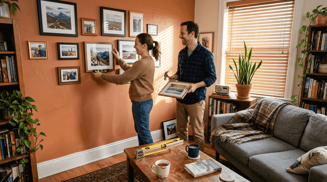 Couple arranging personalized wall art in living room