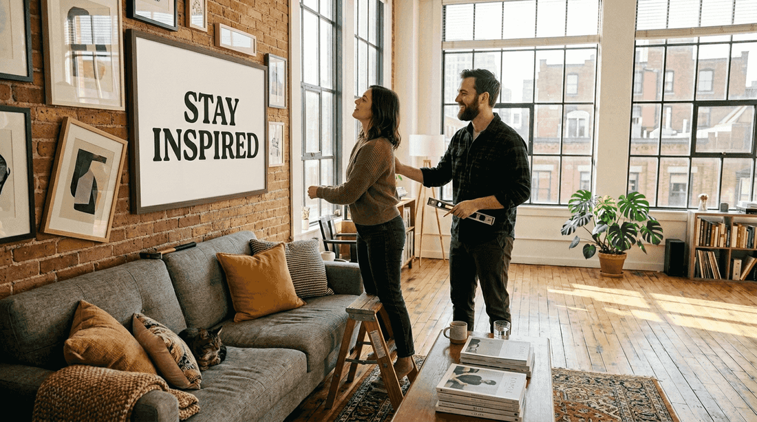 Couple arranging typography wall art in loft