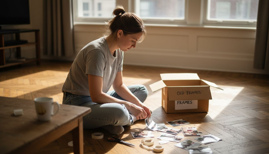 Woman preparing a DIY photo collage at home