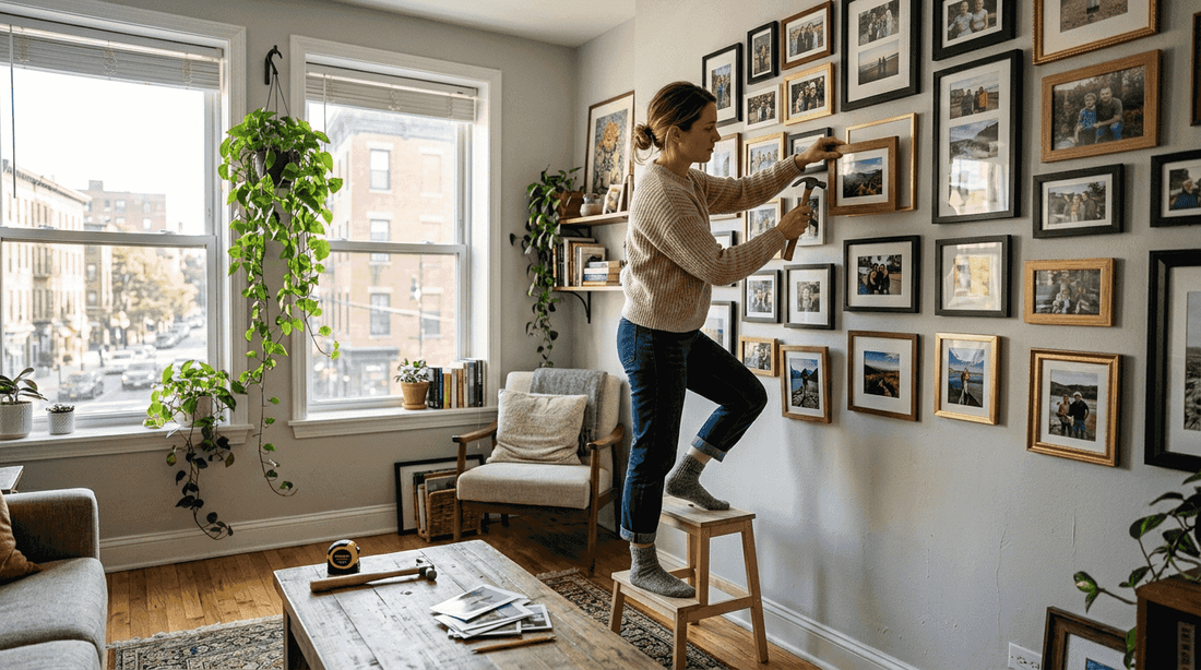 Woman arranging living room photo collage wall