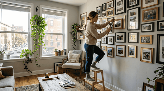 Woman arranging living room photo collage wall