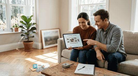 Couple previewing personalized art on tablet