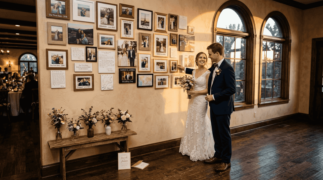 Couple admiring personalized wedding art wall