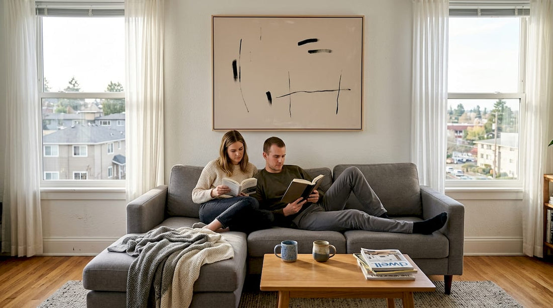 Minimalist wall art in bright modern living room