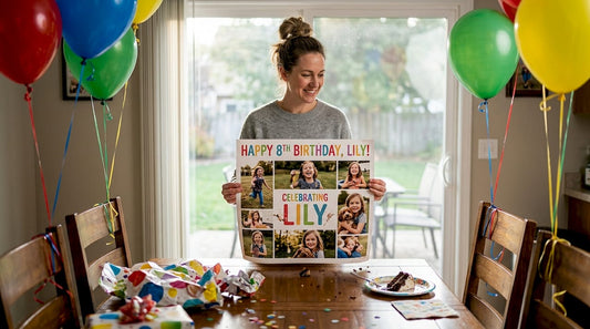 Parent holding personalized birthday poster