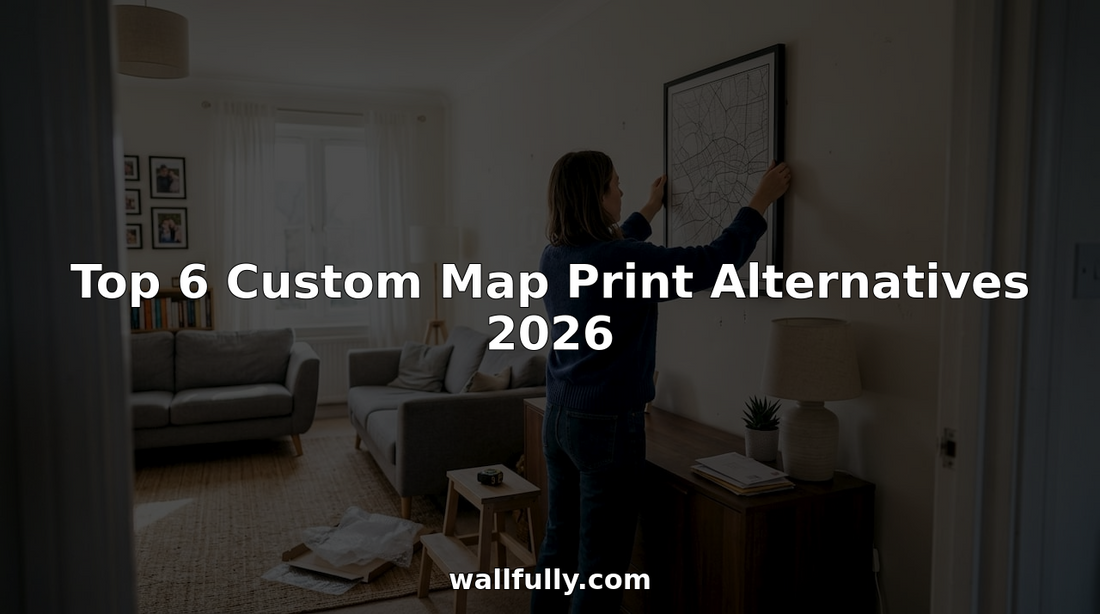Woman hanging custom map print in living room
