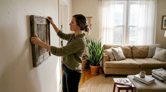 Woman hanging eco-friendly art in living room