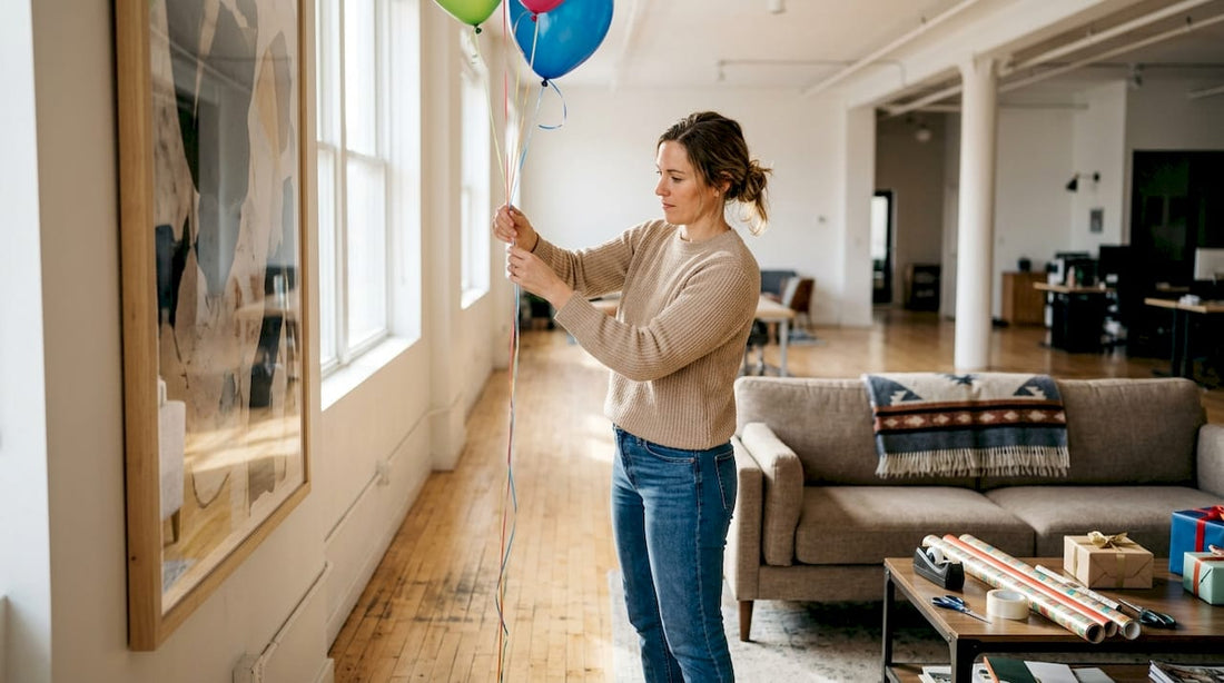 Woman arranging balloons beside celebration wall art