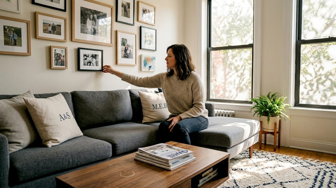 Woman personalizing decor in her living room