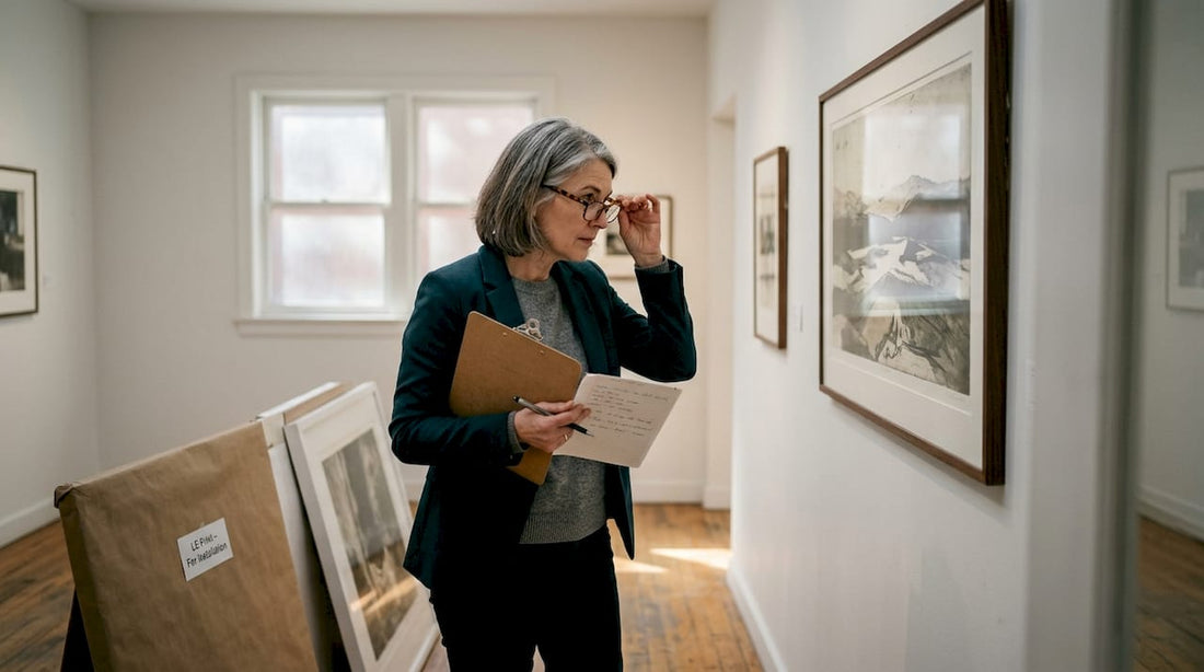 Curator inspecting limited edition wall art
