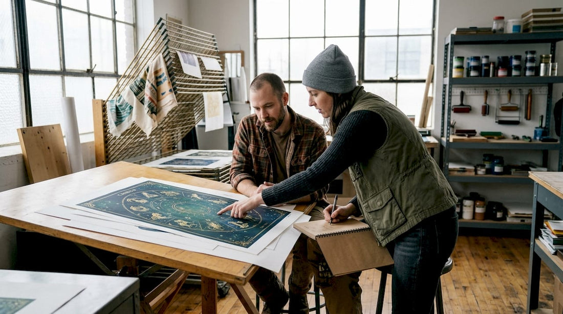 Artists reviewing zodiac sign print in studio
