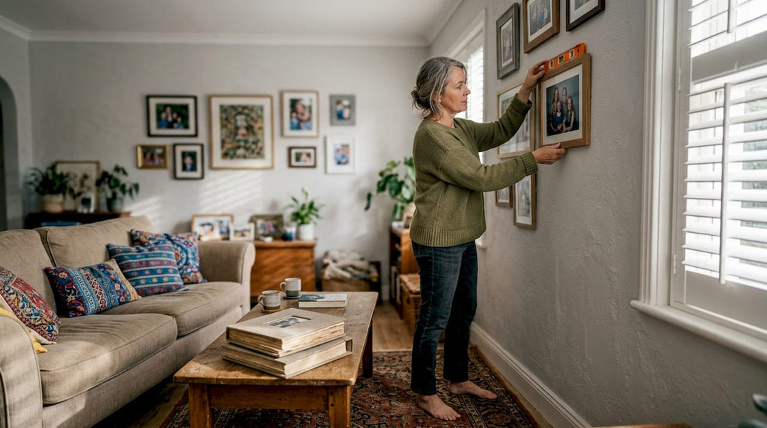 Woman adjusts framed photo collage in living room