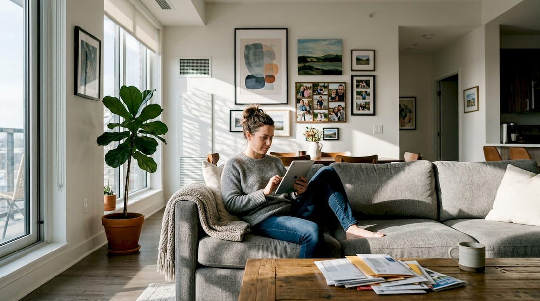 Woman relaxing in living room with wall art