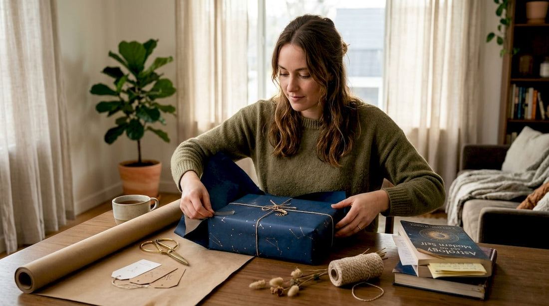 Woman wrapping personalized zodiac gifts in living room