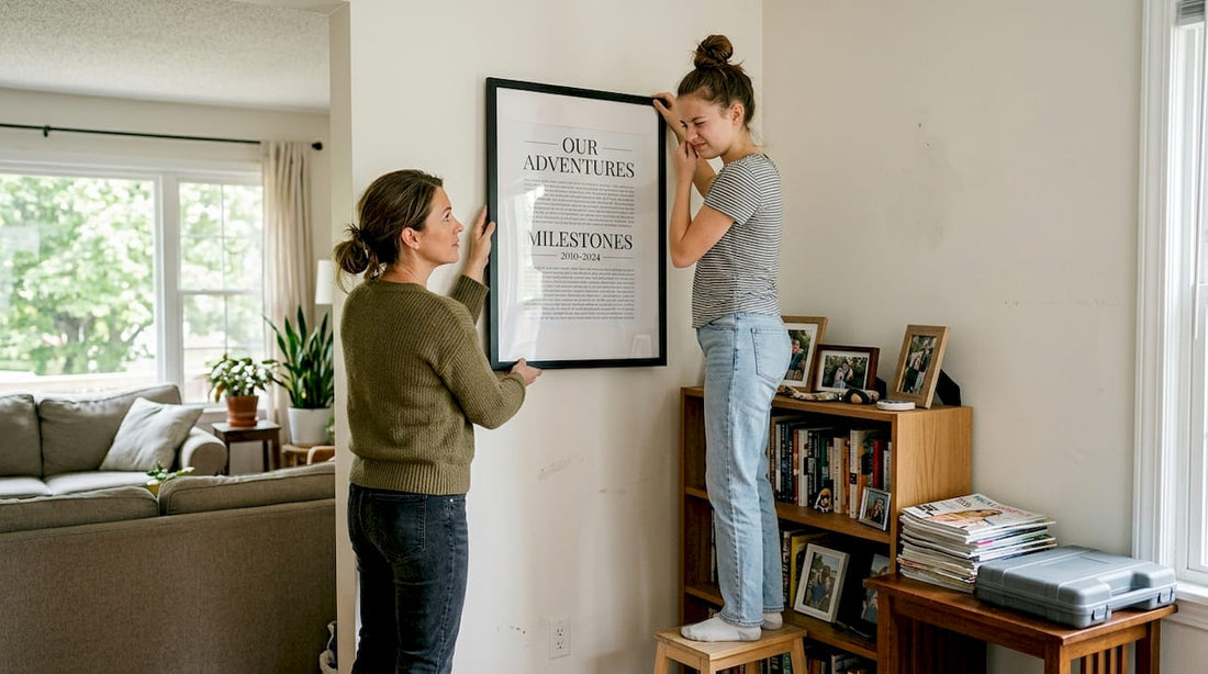 Family hangs framed milestone poster at home