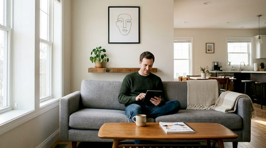 Man in living room with minimalist wall art