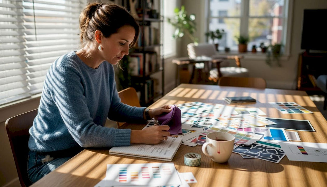 Woman planning personalized prints at dining table