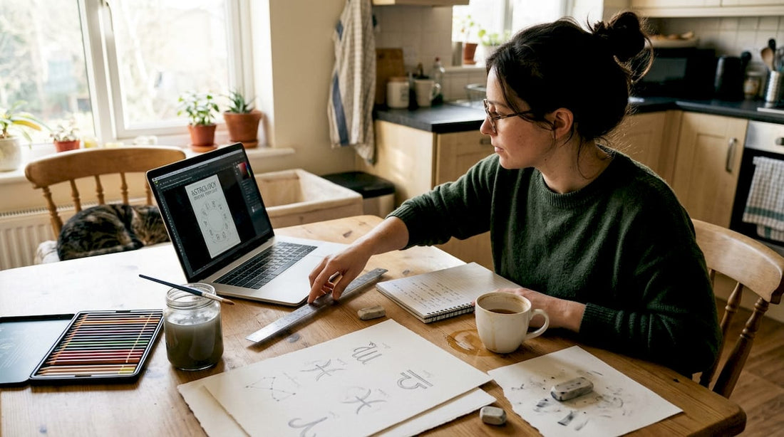 Woman creating custom zodiac poster at kitchen table
