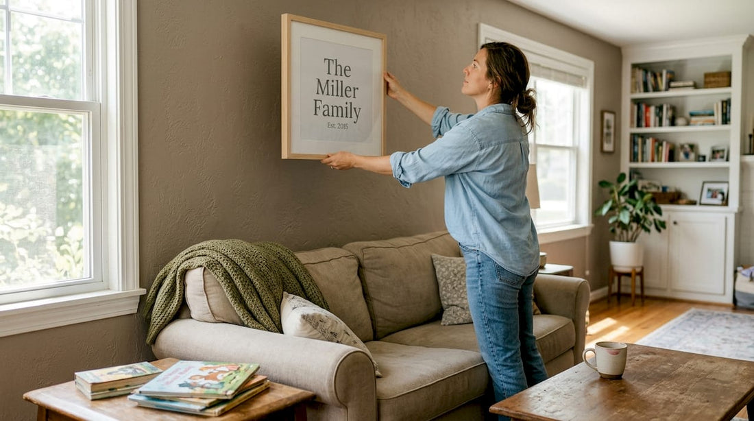 Woman hanging custom name print in living room