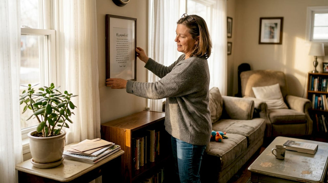 Woman hanging personalized wall art at home