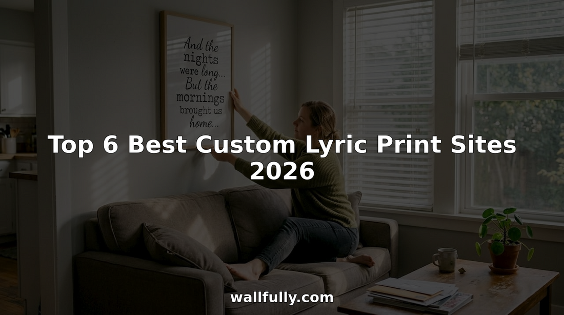 Woman hangs custom lyric print in sunlit living room