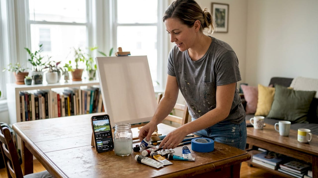 Woman preparing DIY wall art supplies in living room