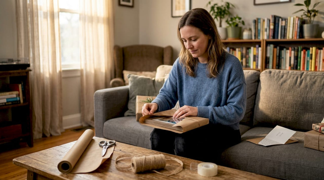 Woman wrapping personalized gift at home