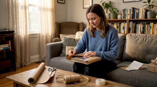 Woman wrapping personalized gift at home