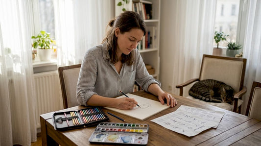 Woman sketching zodiac symbol in bright apartment