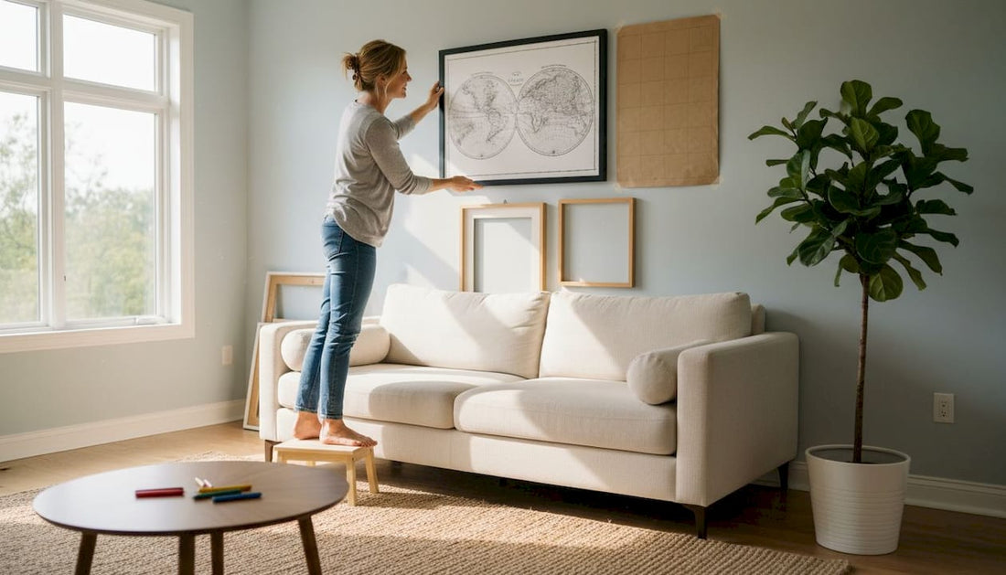 Woman hanging framed map print in bright living room