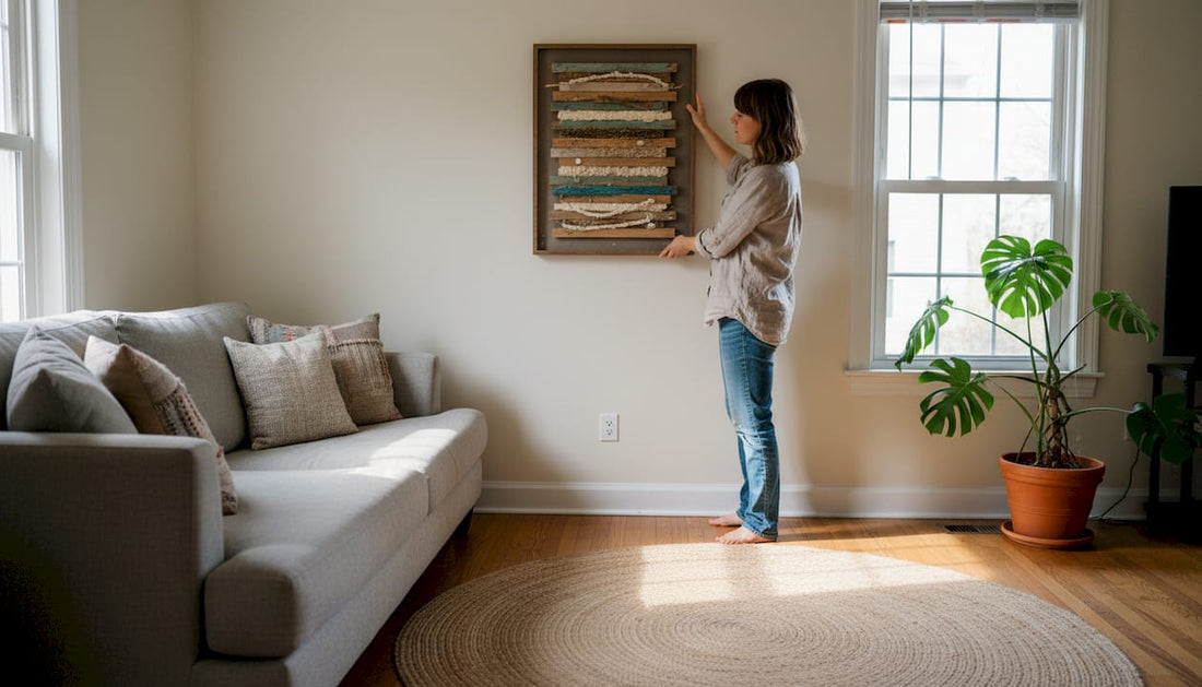 Woman hangs sustainable art in cozy living room
