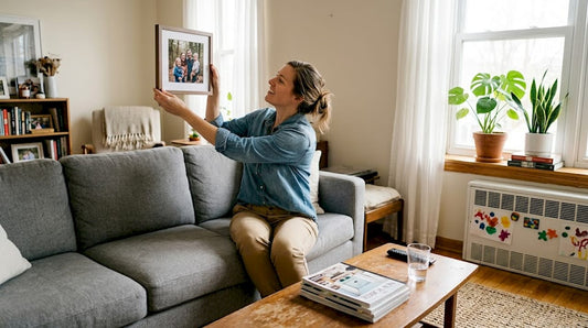 Woman hanging custom print in cozy living room