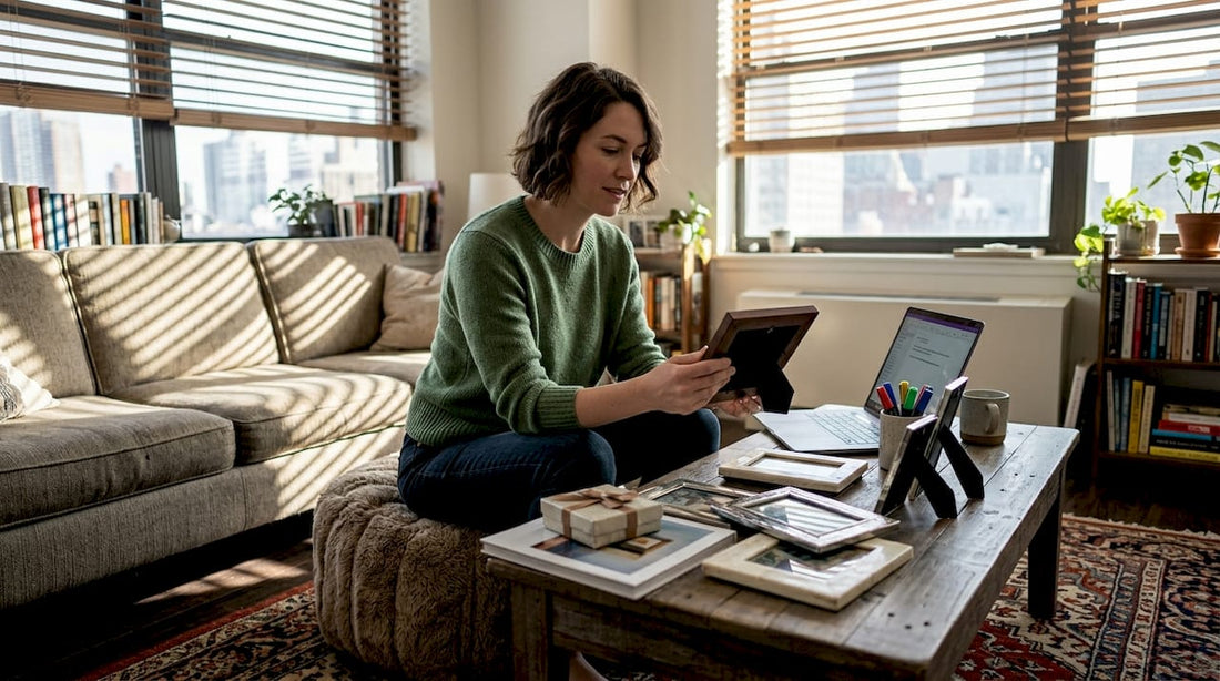 Woman pondering personalized gifts in living room