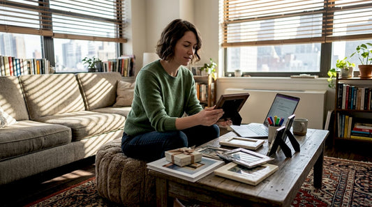 Woman pondering personalized gifts in living room
