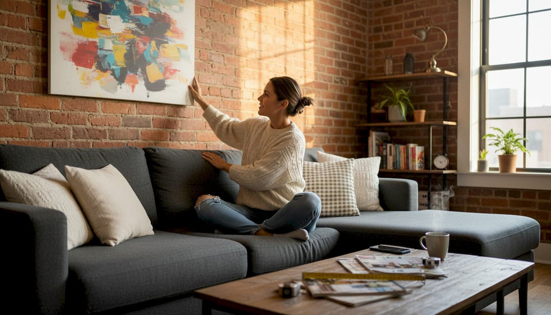 Woman hanging canvas art in lived-in home