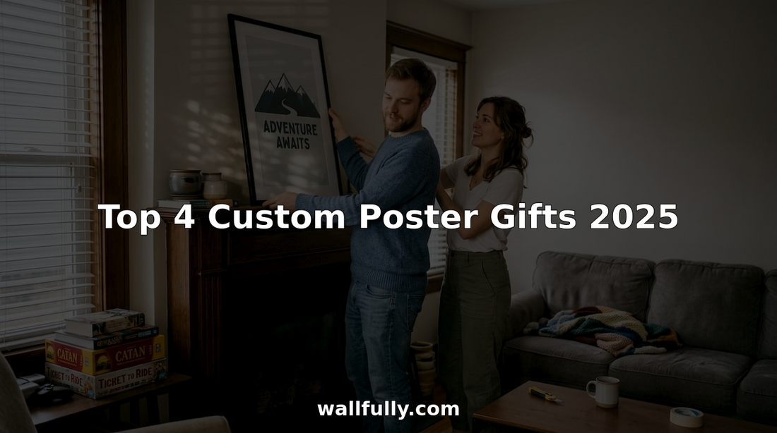 Couple hanging custom poster in living room