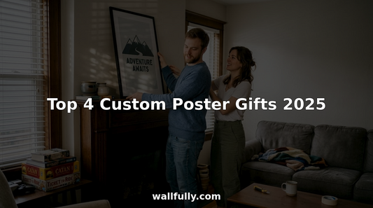 Couple hanging custom poster in living room