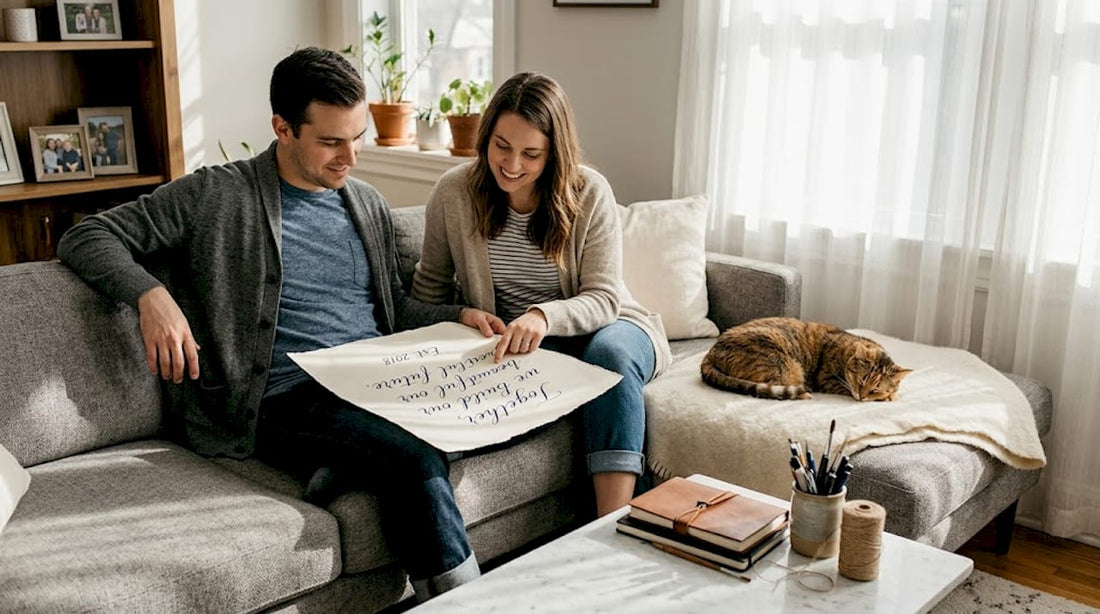 Couple reviewing bespoke art print at home
