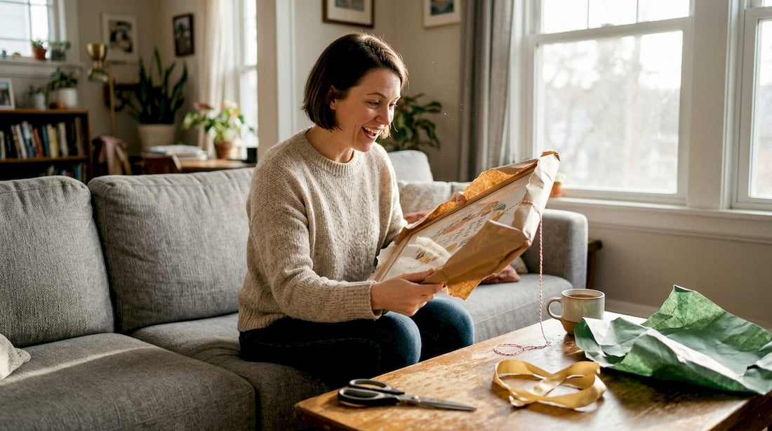 Woman unwrapping personalized art gift at home