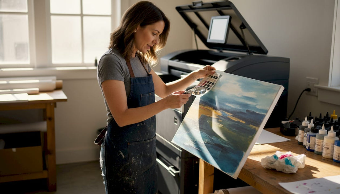 Print technician inspects high-quality wall art