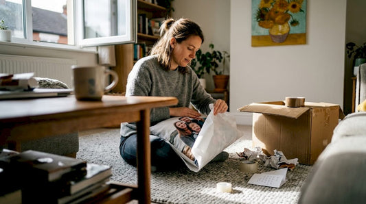 Woman wraps personalized photo cushion at home