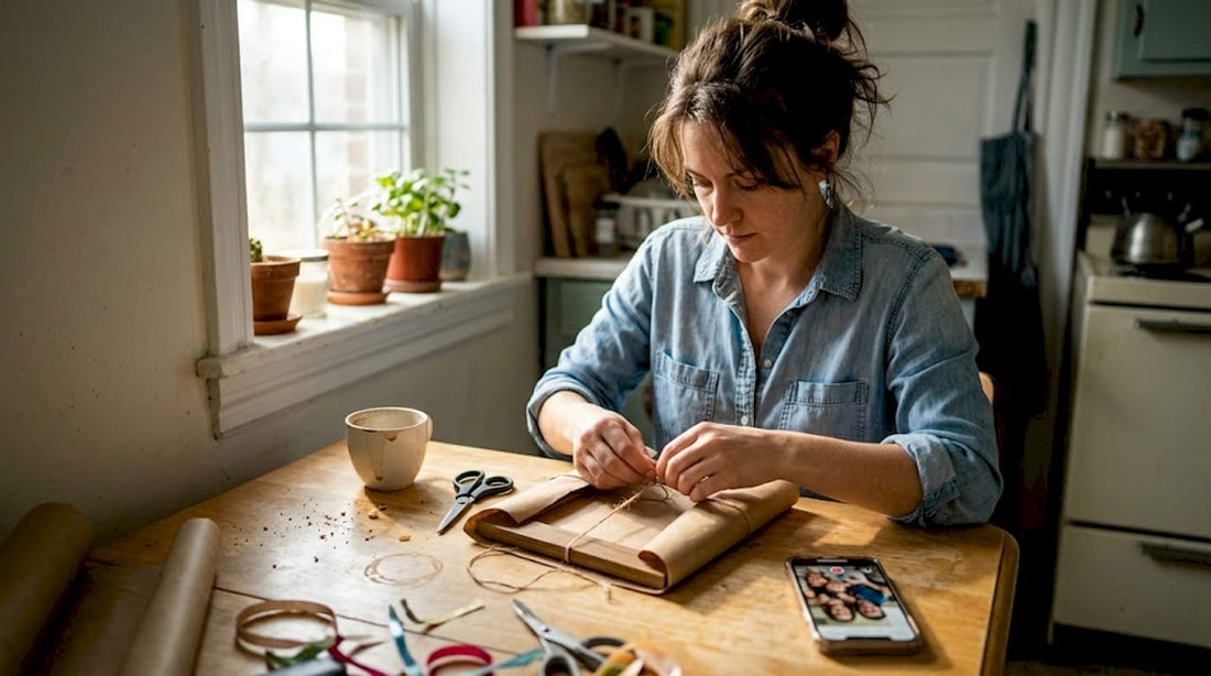 Woman wrapping custom gift at kitchen table