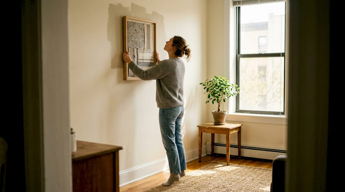 Woman placing eco-friendly wall art in living room