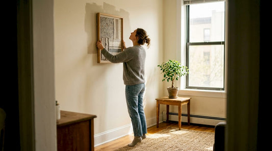 Woman placing eco-friendly wall art in living room